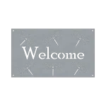 A rectangular steel sign with the word 'Welcome' in the center, framed by six laser-cut dragonflies in a symmetrical pattern. Each dragonfly is detailed with wings and a slender body. The sign has four small holes at each corner for easy mounting. The steel appears smooth and has a subtle sheen, contributing to its rustic charm.
